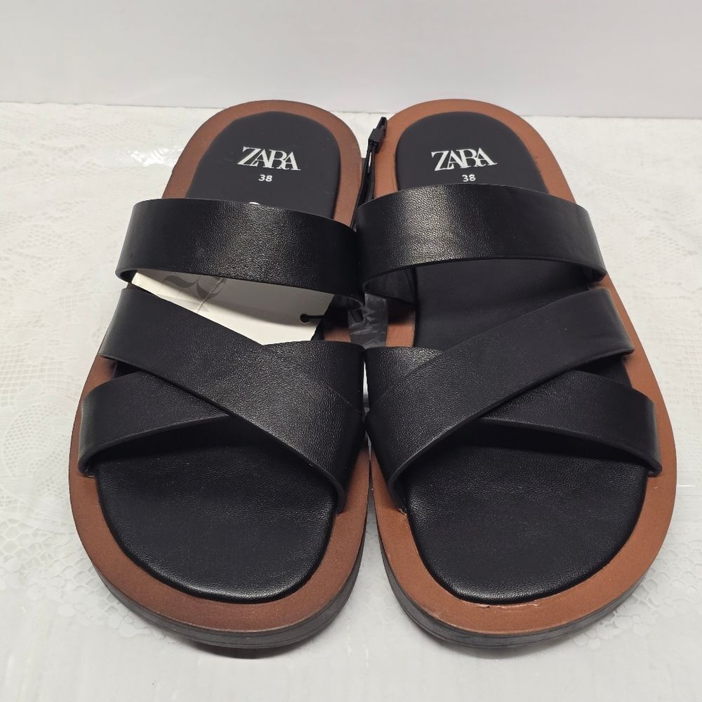 ZARA MINIMALIST CHUNKY BLACK VEGAN LEATHER SLIDE FLAT SANDALS WOMEN SIZE 7.5 NWT